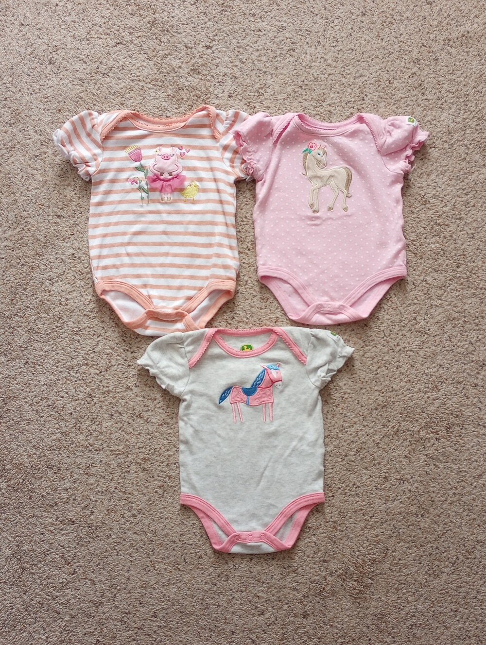 John Deere Baby Girl Onesies Pig Chicken Horses Pink Stripes Polka Dot Cute Farm